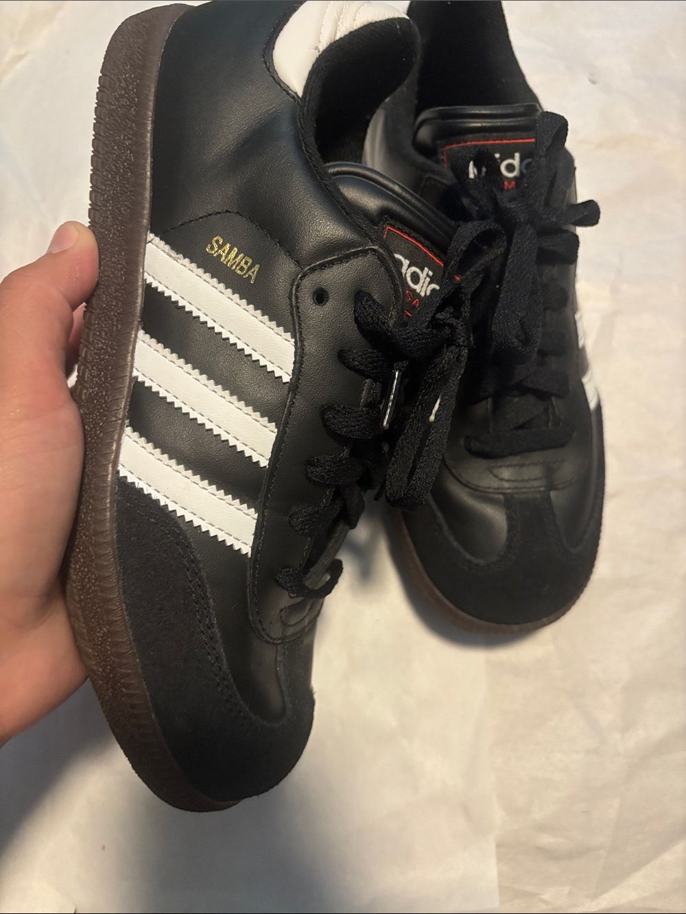 adidas Samba Sneakers in Black with White Stripes and Brown Gum Sole